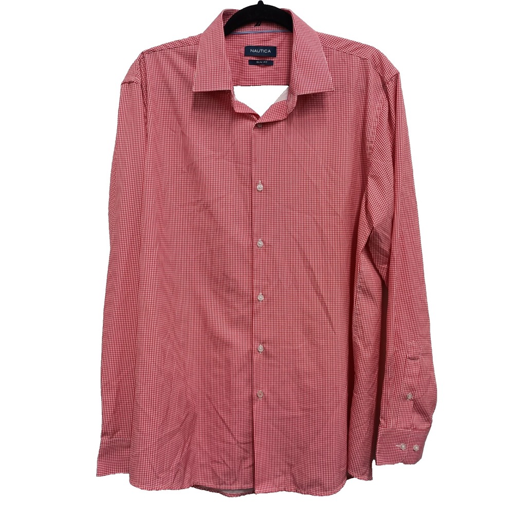 Nautica Mens Shirt Large Red Plaid Button Up Long Sleeve Slim Fit Preppy